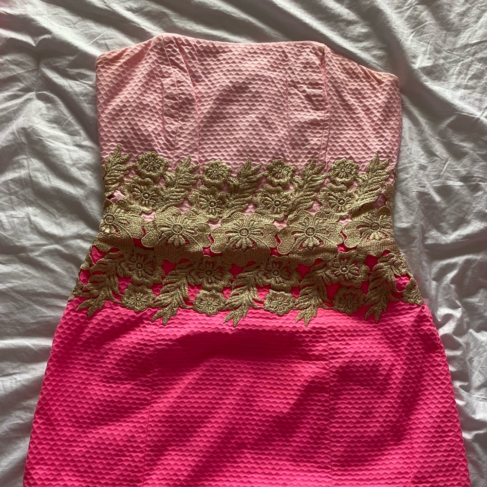 Lilly Pulitzer size 2 Kade shift dress Pink Tropics embroidered strapless